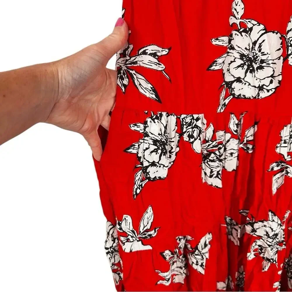 Free People Rita Tiered Midi Dress Red Floral Ruffle Sleeveless Boho Size XS